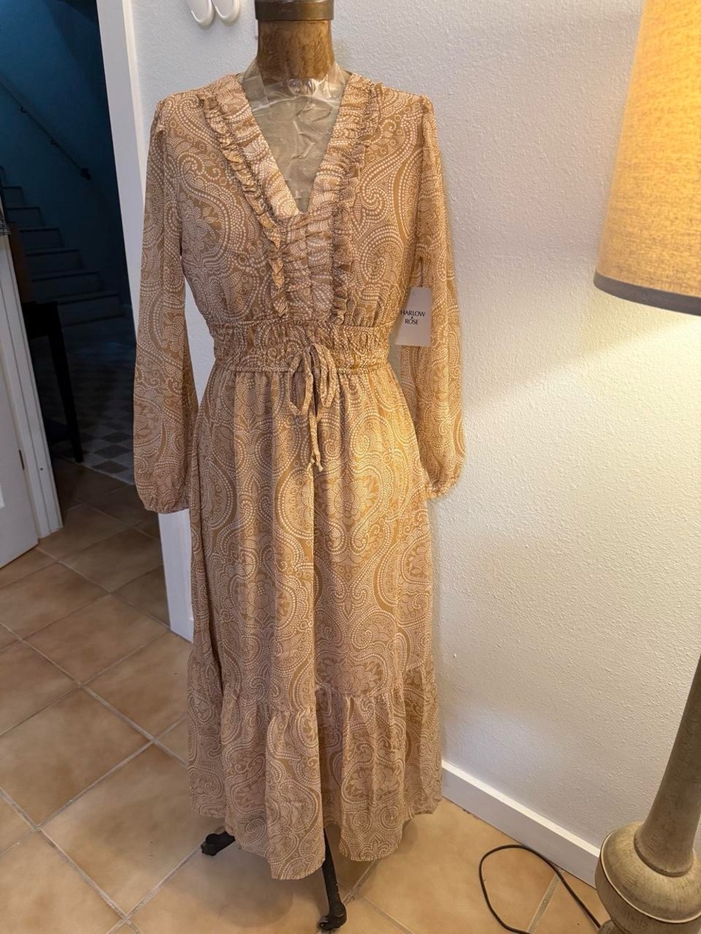 NWT Harlow & Rose Smocked Waist Paisley Maxi Dress in Tan Size S